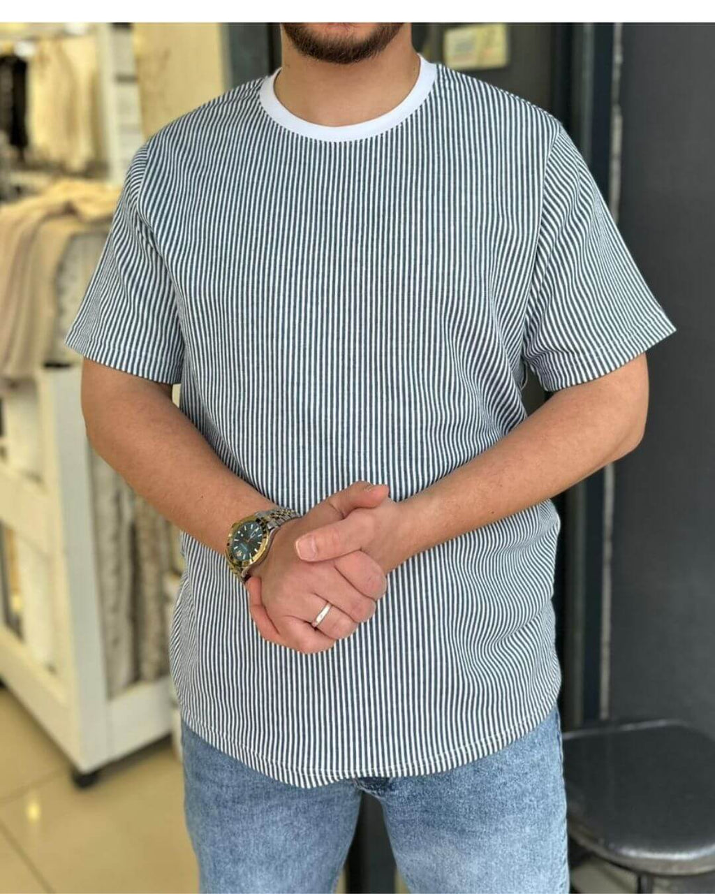 Çizgili Bisiklet Yaka T-Shirt