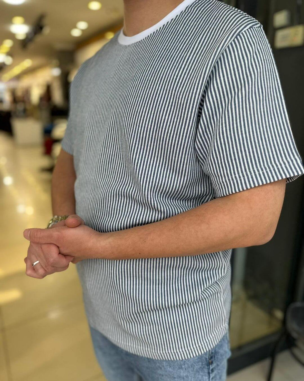 Çizgili Bisiklet Yaka T-Shirt