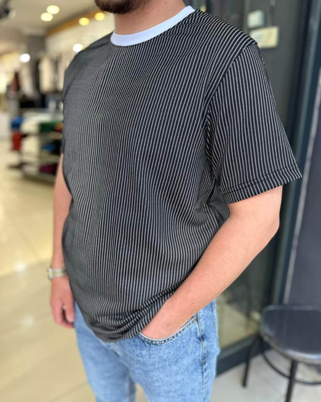Çizgili Bisiklet Yaka T-Shirt